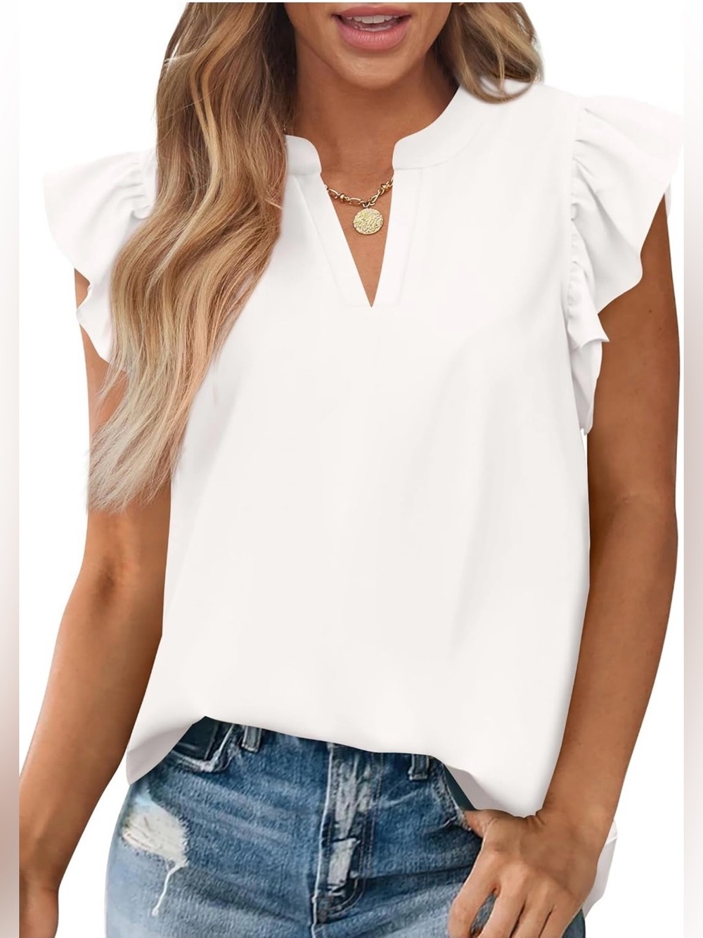 Women’s Casual V Neck Ruffle Cap Sleeve Blouse P-P 23